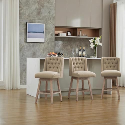 Image of Counter Height Bar Stools Set of 3, 360Swivel Bar Stools with Back and Wood Legs, 28 inch Morden Linen Fabric Upholstered Barstools for Kitchen Island Dining Room Bar