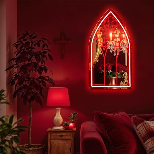 Image of Gothic Window Mirror Neon Sign, Red LED Wall Light - Medieval Cathedral Style Home Decor for Bedroom, Living Room, Bar, Church Events, Gothic Party Backdrop 16.5″ x 9.6″
