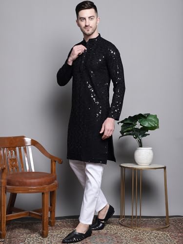 Image of Jompers Men's Geometric Sequin Embroidered Pure Cotton Kurta with Pyjamas Set