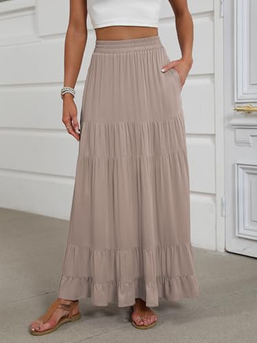 ANRABESS Womens Maxi Skirt Elastic High Waist Swing Tiered A-line Flowy Pleated Boho Beach Vacation Long Skirts - Image 3