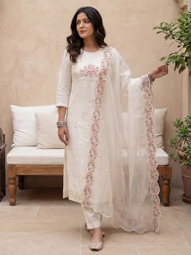 Image of INDO ERA Solid Straight Pure Cotton Kurta with Pant & Dupatta Set for Women