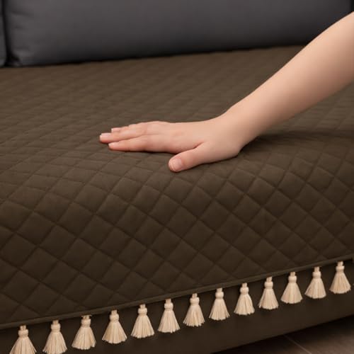 Image of HOMEMONDE 1 Seater Quilted Velvet Sofa Cover with Tassels |Soft, Durable & Premium Fabric with Tassels | Sofa Cover Mats for Living Room, Bedroom & Drawing Room (76 X 61 CM, Brown)