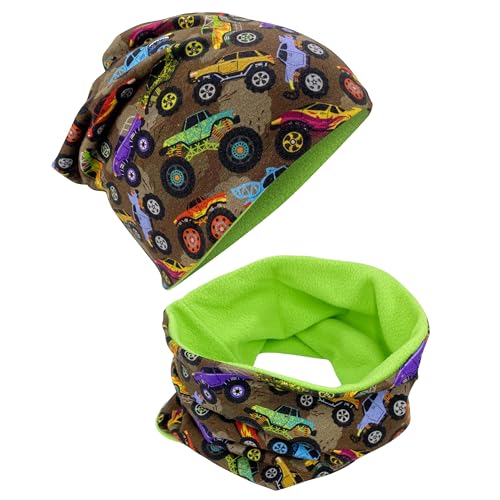 HECKBO Bonnet Monster Truck & Écharpe – 2–8 ans – 95% coton – Extensible – Polaire – Bonnet d’hiver fait main (48–54 cm)