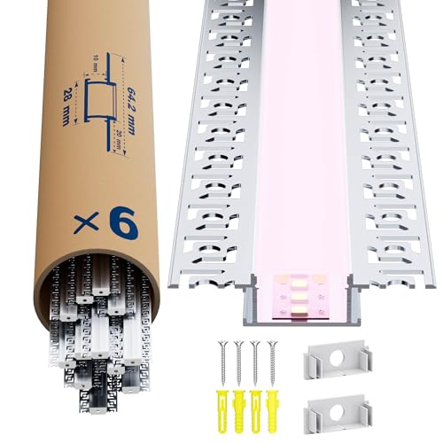 LASLUX 6x Profilo Alluminio per Strisce LED Cartongesso 2M (44mt) - Canalina per Striscia LED con Copertura Opaca - Dimensioni 28 x 13.8mm - Compatibile con Strisce LED fino a 21mm