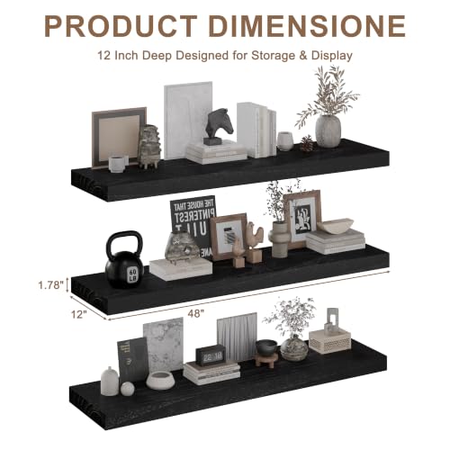 Image of 48 Inch Extra Deep Floating Shelves Set of 3-12 inch Wide Solid Paulownia Wood Wall Mounted Shelves, Black Wood Finish, Heavy Duty Long Display Ledge for Kitchen, Living Room & Home Office