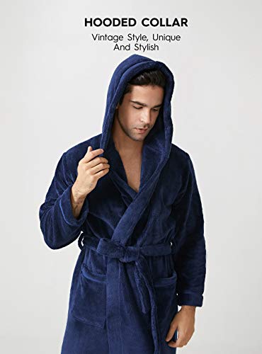 David Archy Men's Hooded Robe Plush Coral Fleece Warm Cozy Long Bathrobe (Xl, Navy Blue) #TOP2