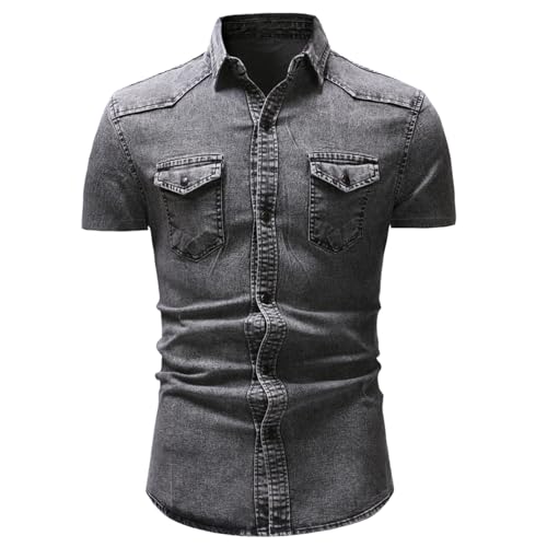 HOTIAN Herren Jeanshemd Kurzarm Regular Fit Denim Shirt Freizeithemd Geknöpftes Hemd mit Taschen für Herren