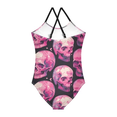 KLL Pink Skulls on A Black Background Girls' 1 Piecing Bathing Suit Beach Swimwear with Adjustable Straps Quick-Dry2