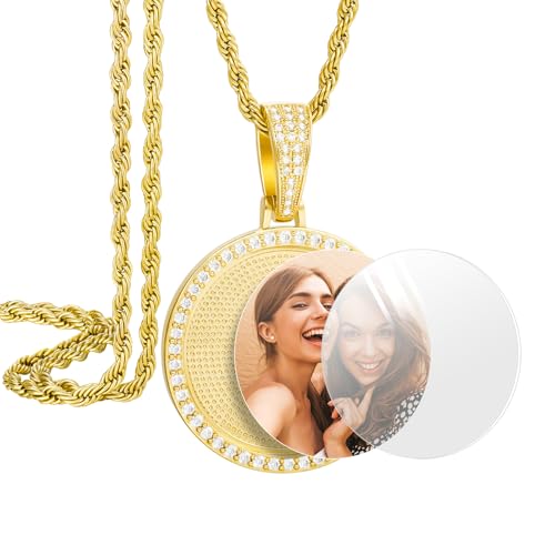 YIMERAIRE Picture Necklace Personalized Photo 18K Gold Plated AAAAA CZ Picture Medallion Customized Photo Memory Iced Out Pendant 24 Inch Chain