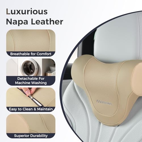Image of Coverado Car Headrest Pillow, Ergonomic Memory Foam Car Neck Pillow for Driving Seat with Adjustable Strap, Soft PU Leather Breathable Removable Cover Neck Support for Neck Pain Relief - Beige