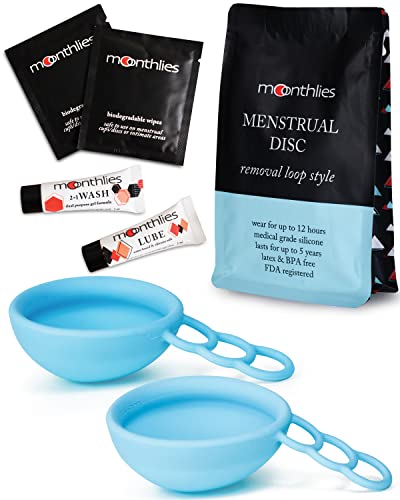 MOONTHLIES Reusable Menstrual Disc | Period Disc with Removal Loop Stem | Alternative to Menstrual Cups for Light or Heavy Flows | Eco-Friendly Feminine Hygiene (Combo Set, 1 Medium & 1 Large, Blue)