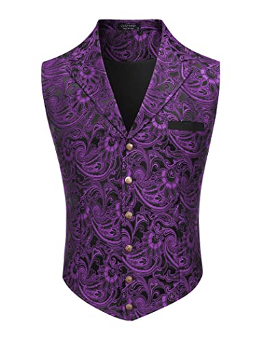 Coofandy Mens Suit Vest Purple Paisley Formal Waistcoat Tuxedo Vest Gothic Steampunk Vest For Suit Tux Purple, Small #TOP1