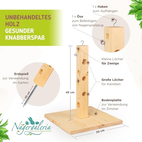 Nagergaleria® Futterbaum Kaninchen Meerschweinchen mit Bodenplatte aus Holz und Erdspieß fürs Freigehege Hasen | Heuraufe Kaninchen