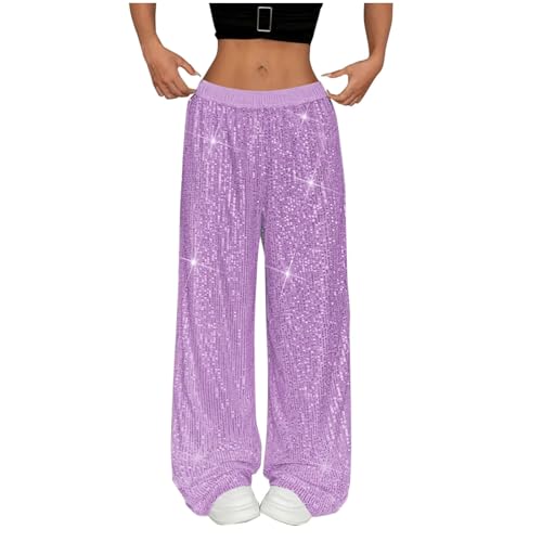 Pantalones genéricos de talle alto negro pantalones anchos de cintura alta con lentejuelas para mujer, pantalones de terciopelo de vestir, Morado, L