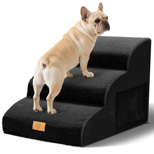 Thihome Hundetreppe für Kleine Hunde, Haustiertreppe 3 Stufen, Hochdichtem Schwamm Hundetreppen 40cm Hoch, Hunde Treppe mit Waschbarem Bezug, Rutschfestem Hunderampe für Bett & Sofa, Schwarz
