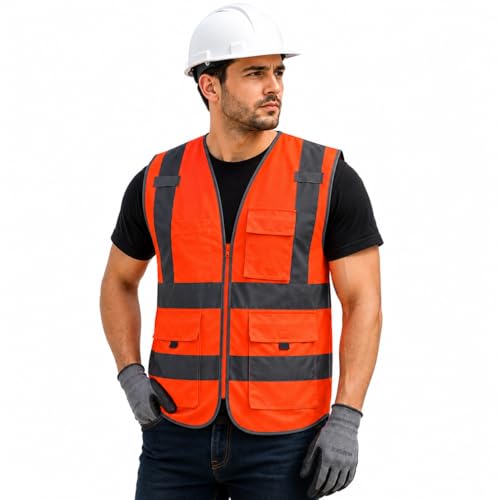 Image of VRITRAZ Unisex High Visibility Reflective Safety Vest | Multi-Pocket Safety Workwear Jacket for Construction Workers, Engineers, Security Guards, Factory & Road Safety Use