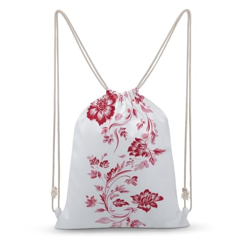 Floral Pink And Red Floral Drawstring Backpack Canvas String Bag Lightweight Sports Gym Bag for Men Women