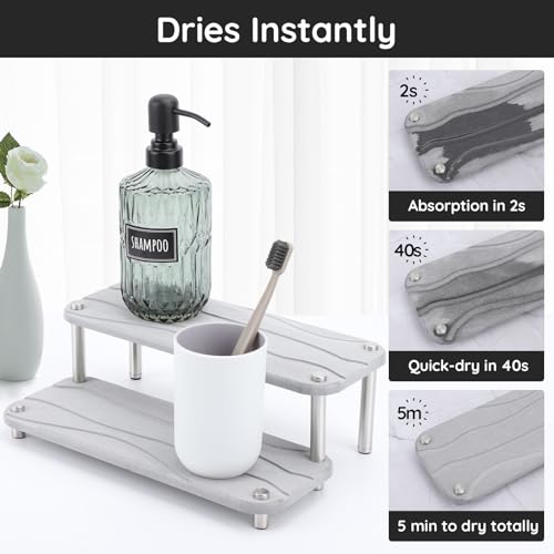 Image of Segbeauty 2 Tier Quick Dry Diatomaceous Earth Stone Tray, 11x4.3in Water Absorbing Bathroom Tray Countertop Organizer Instant Drying Vanity Tray, Kitchen Counter Dish Soap Dispenser Rack Sponge Holder