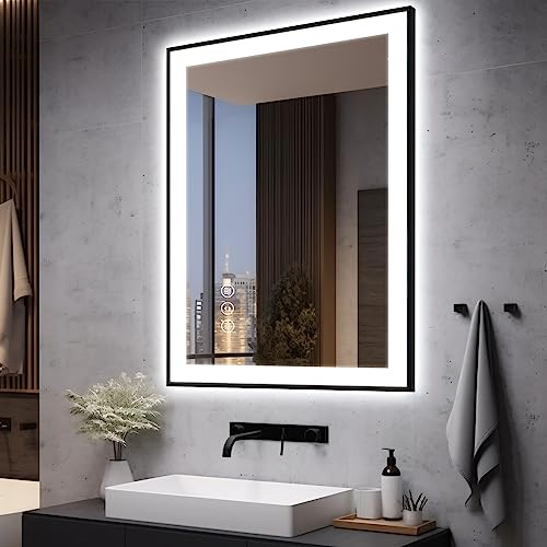 28x36 LED Bathroom Mirror for Wall -Black Aluminum Framed (Front and Backlit), Anti-Fog Vanity Mirror with Lights,Stepless Dimmable Lighted Mirror,3 Colors Smart Mirror(Horizontal/Vertical)