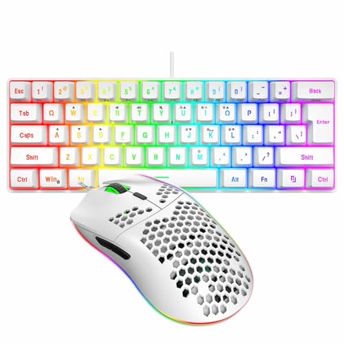XUMIUZIY Combo de Teclado y Mouse con Cable, Computadora Ergonómica de 61 Teclas y Mouse óptico con Cable con Velocidad de Movimiento 6400, Retroiluminación RGB Plug and Play para PC (conjunto blanco)