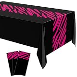 Buryeah 3 Pcs Zebra Tablecloth Zebra Print Plastic Tablecloth Animal Safari Table Cover 54 x 108'' for Baby Shower Wedding Birthday Party Decorations Supplies (Hot Pink, Black)