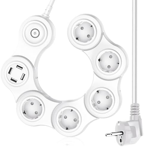 9-in-1 Power Strip Multiple Socket with 4 USB, Switch 5-Way Distribution Socket, 3680 W Power Strip, Surge Protection Switch, 16 A Multiple Plug Sockets for Office, 1.5 m, White