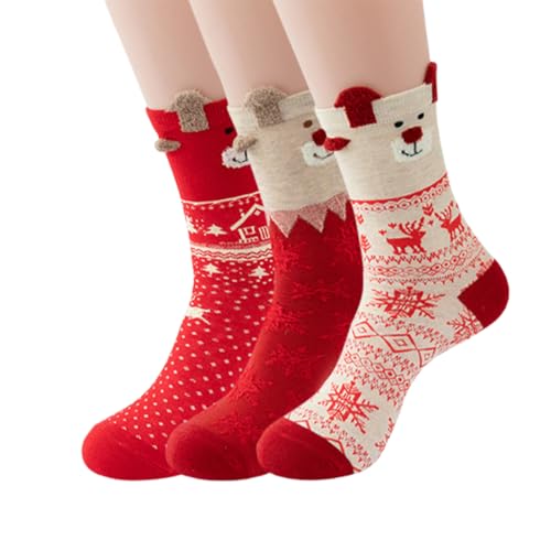 ZORVYN 3 paia di calzini da donna, calze natalizie in cotone caldo invernale, motivo renna, fiocco di neve, Babbo Natale, decorazione natalizia per la casa, per Capodanno, Taglia unica (Colore: rosso)