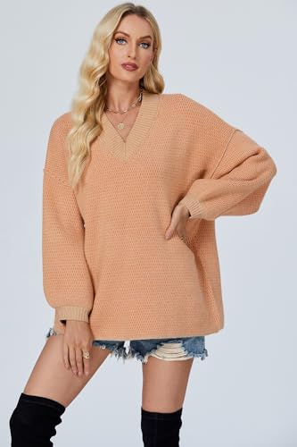 D-Sun Women's Oversized Sweater V Neck Cable Knit Pullover Casual Elegant Ribbed Drop Shoulder Sweater Jumper4
