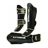 MAXX Adult Premium Maya Grain Leather Boxing Shin Guards, Ultimate Instep Pad Leg Protectors for Martial Arts Support (BLACK GOLD, S) - Image 6