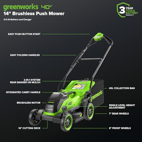 Image of Greenworks 40V 14 inch Brushless (Push) Cordless Lawn Mower, 4.0Ah Battery and Charger