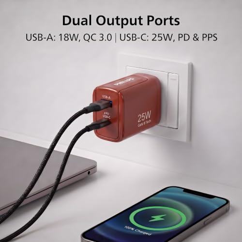 Image of Philips DLP4321NR /94 Gen III Tech 25W Fast Charging Wall Charger (Iron Red) | USB-C PD + USB-A | 2-Port Multi-Device Charger for Smartphone, Tablet, Earbuds & Accessories | Compact Travel Adapter