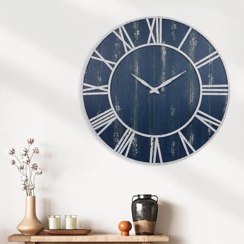 Old Oak Rustic Large Decorative Wall Clock with White Metal Frame & Navy Blue Wood (30-inch) - Image 6