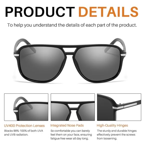 Polarized Sunglasses for Men and Women, Lightweight Rectangular Sun Glasses, UV Protection Black Sunglasses3