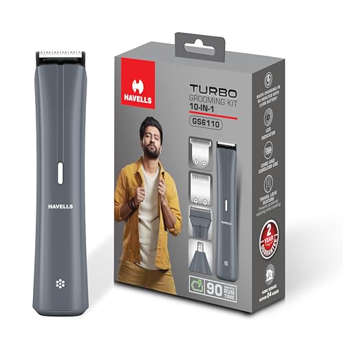 Image of Havells Turbo 10 In 1 Grooming Kit | Hair Trimmer,Face, Ear & Nose |No Nicks & Cuts |LED Indicator| Upto 90 Min Quick Charge| 2 Year Guarantee| GS6110 (Grey)