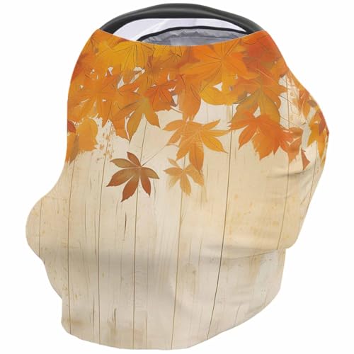 Nursing Cover for Breastfeeding Scarf, Hand Painted Fall Orange Maple Leaves Wood Board Baby Car Covers Super Soft Multi Use for Canopy Shopping Cart Cover Blanket Stroller Cover