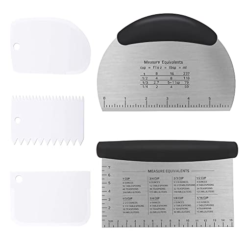 VooGenzek 5 Piezas Espátula Rasqueta de Acero Inoxidable, Cuchillo de masa, Espatula Plastico, Rasqueta Cortadora de Masa con Mango y Escalas, Para Cortar Masa, Pasteles, Pizza Cover