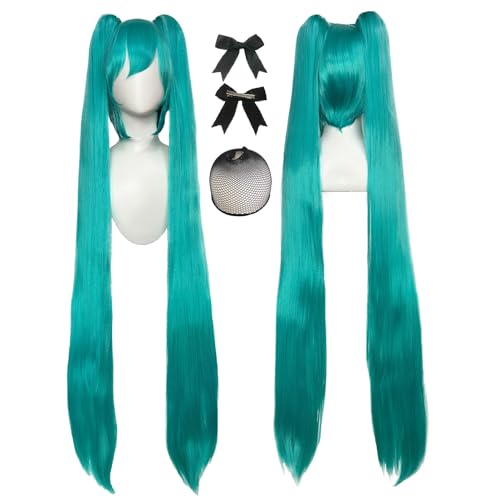 CICIBOLAYEZ 47inches/120cm Green Cosplay Wig with 2 Ponytails Long Straight Wigs with Bangs Synthetic Hair for Halloween Costume Party Cosplay Wig with 2 Bowknot Accessories