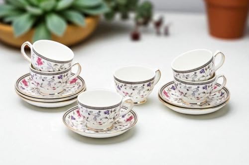 Image of Fine Bone China Multi Flower Cups and Saucer with Golden Line, 180 ml Tea Cup Set of 6 Cup and Saucer Set for Tea Milk Coffee Chai, Teacup Set