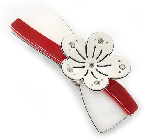 White/Red Acrylic Crystal Flower Barrette Hair Clip Grip - 85mm Across, silver, white / ivory, red - Image 4