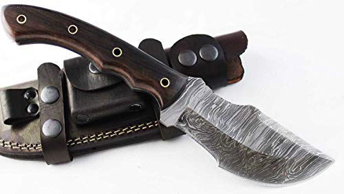 Moorhaus Damascus Steel Tracker Knife - Ebony Wood Handle - Bushcraft - Tactical - Hunting Knife With Leather Sheath - Full Tang With Longer Handle #TOP1