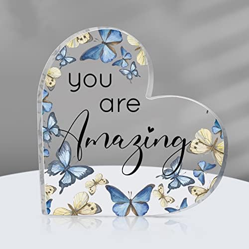 Inspirational Gift You Are Amazing Gift Acrylic Heart Shape Sign Decor with Rustic Butterflies Appreciation Table Centerpiece Desk Keepsake Graduation Gift for Student Coworker Teacher (Blue)