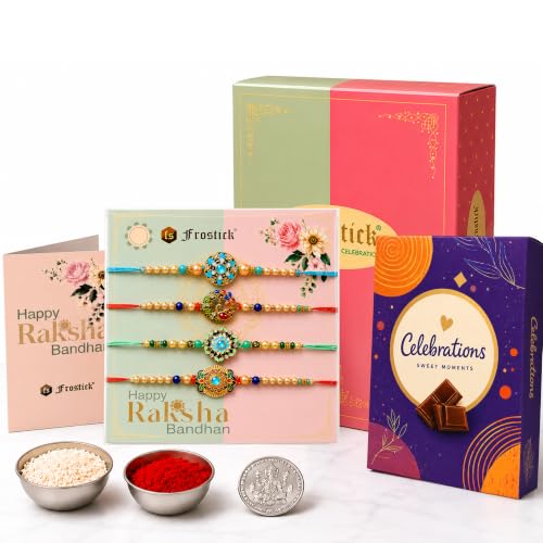 Image of Frostick Set of 4 Rakhi for Brother with Chocolates, Roli Chawal, Greeting Card & Gift Box | Raksha Bandhan Gift with Cadbury Celebrations & Traditional Pooja Essentials