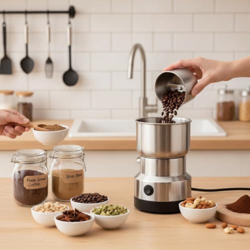 Image of Nima Electric Coffee & Spice Grinder 150W, Stainless Steel Mini Mixer Grinder for Dry Masala, Coffee Beans, Nuts, Seeds & Herbs, Multipurpose Portable Kitchen Grinder, Silver