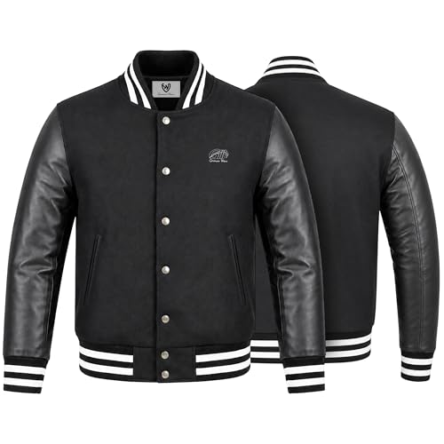 German Wear Collegejacke Herren Varsity Jacke mit Lederärmeln aus Lammnappa Wollmix Blouson Retro Design Elastischer Bund für Herbst und Winter 56 Schwarz