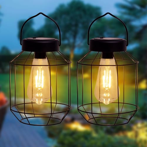 Solar Lights Outdoor Waterproof,Solar Lantern 2 Pack,Metal Hanging Outdoor Lanterns,Handle with...