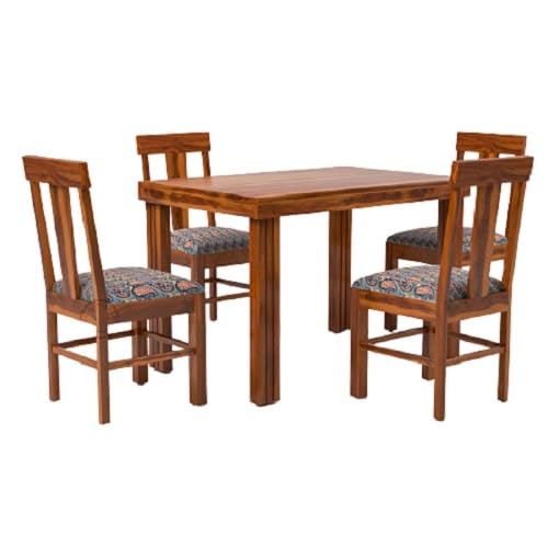 Image of VK Furniture Sheesham Solid Wood 4 Seater Dining Table Set of Four with 4 Print Cushion Chairs for Dinner Hall Kitchen Living Room Home Office Restaurant |L45 X W30 X H30|Brown Finish 03