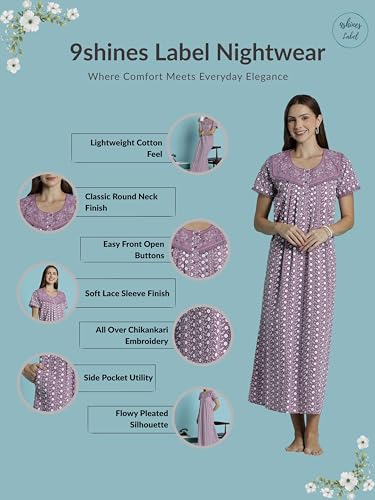Image of 9shines Label Stylish Chikankari Cotton Nighty Maxi for Women | Full Length Nightgown | Nightdress with Pocket | Embroidery Nighty | Soft Comfortable Cotton Nightwear (1545)