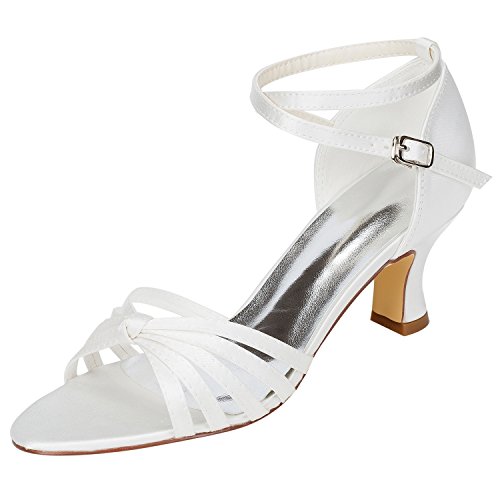 Emily Bridal 61128-13 Women's Wedding Shoes Open Toe 2.56 Inches Spool Heel Satin Sandals with Buckle Bridal Shoes (EU37/6.5 B(M) US, Ivory)