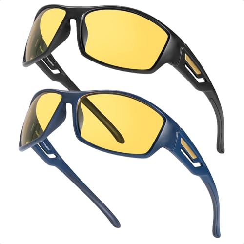 Myiaur Night Driving Glasses for Men Women, Wrap Around Sport Night Vision Glasses Anti Glare Yellow Lens 2 Pack