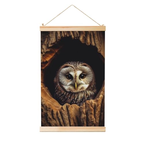 Poster suspendu hibou impression sur toile de qualité supérieure avec bois brut